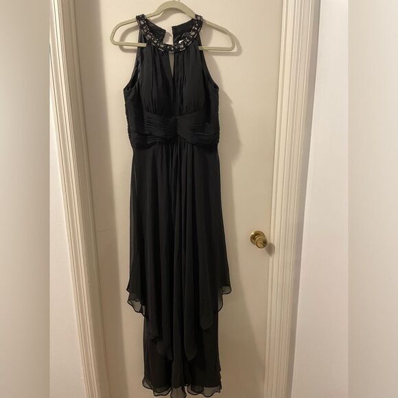 Eliza J Dress Women’s 8 Embellished Tiered Chiffon Halter Gown Black Like New - Picture 3 of 10